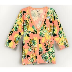 Izaac Mizrahi Live 1X Lemon Yellow Pink Spring Floral Cardigan Sweater V-Neck